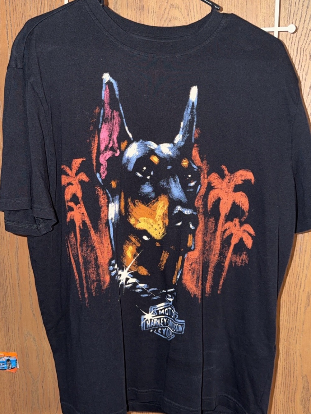 Harley-Davidson Black T-Shirt with Doberman & Orange Palm Design